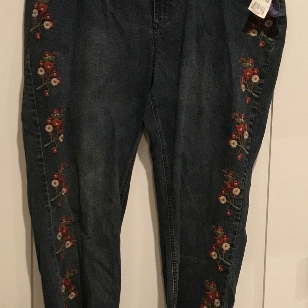 Catherines Blue Boyfriend Jeans with Floral Embroidery